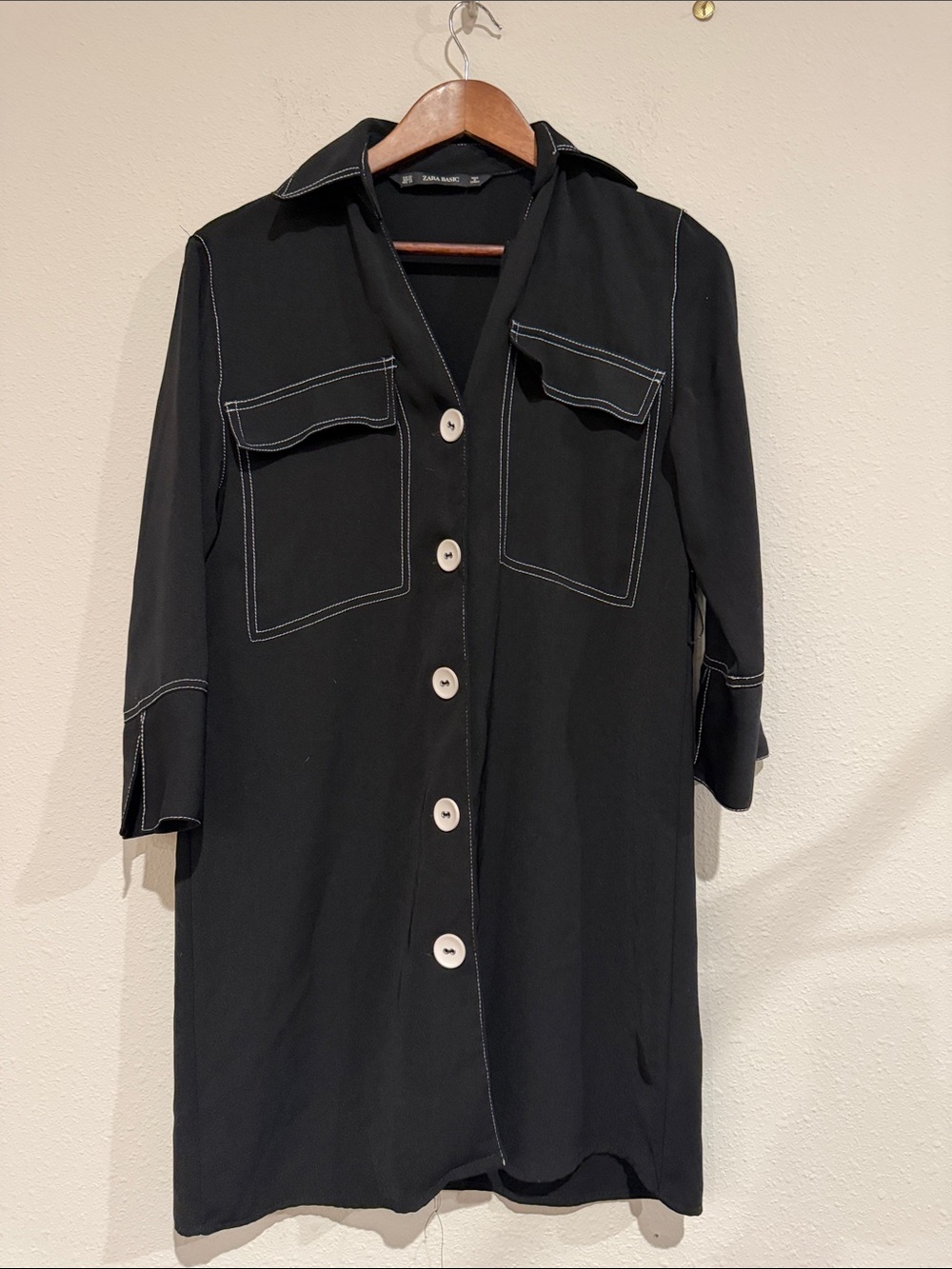 Zara Black Shirt Dress with White Contrast Stitching - Picture 2 of 8